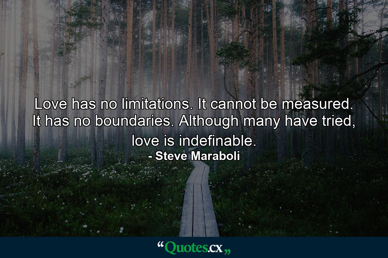 Love has no limitations. It cannot be measured. It has no boundaries. Although many have tried, love is indefinable. - Quote by Steve Maraboli