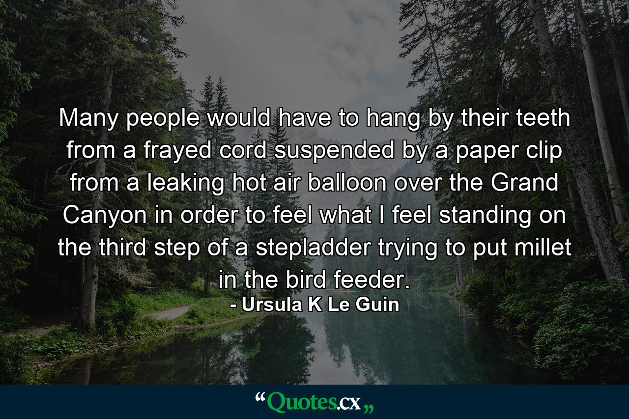 Many people would have to hang by their teeth from a frayed cord suspended by a paper clip from a leaking hot air balloon over the Grand Canyon in order to feel what I feel standing on the third step of a stepladder trying to put millet in the bird feeder. - Quote by Ursula K Le Guin