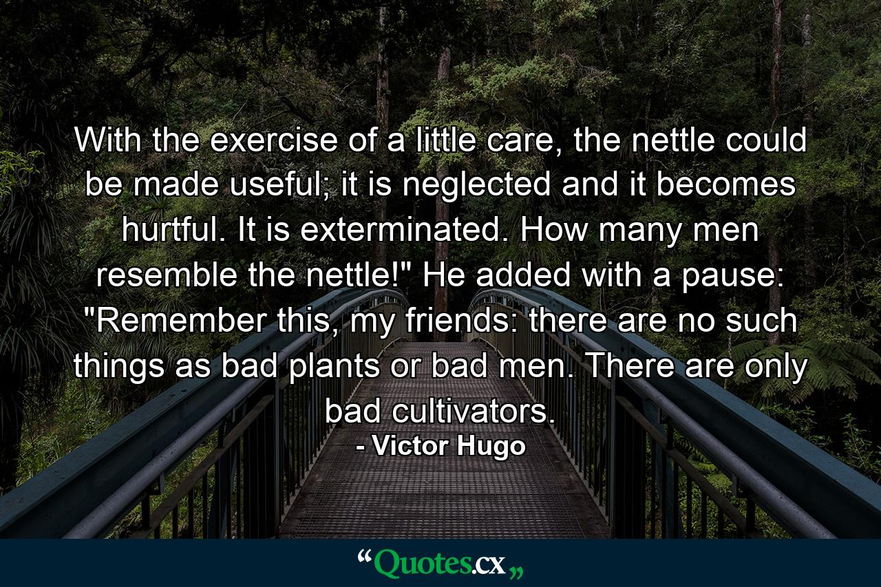 With the exercise of a little care, the nettle could be made useful; it is neglected and it becomes hurtful. It is exterminated. How many men resemble the nettle!