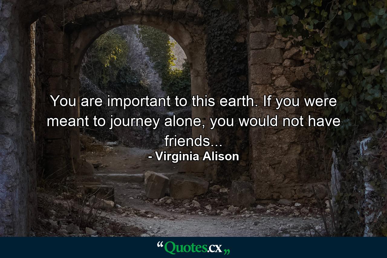 You are important to this earth. If you were meant to journey alone, you would not have friends... - Quote by Virginia Alison