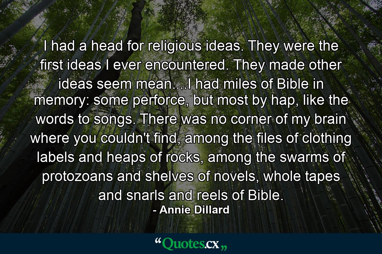 I had a head for religious ideas. They were the first ideas I ever encountered. They made other ideas seem mean....I had miles of Bible in memory: some perforce, but most by hap, like the words to songs. There was no corner of my brain where you couldn't find, among the files of clothing labels and heaps of rocks, among the swarms of protozoans and shelves of novels, whole tapes and snarls and reels of Bible. - Quote by Annie Dillard