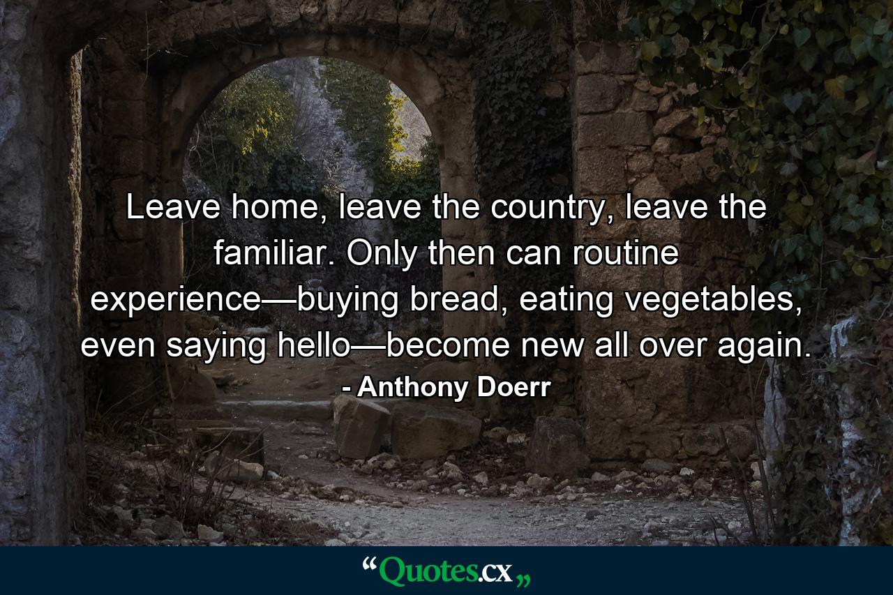 Leave home, leave the country, leave the familiar. Only then can routine experience—buying bread, eating vegetables, even saying hello—become new all over again. - Quote by Anthony Doerr