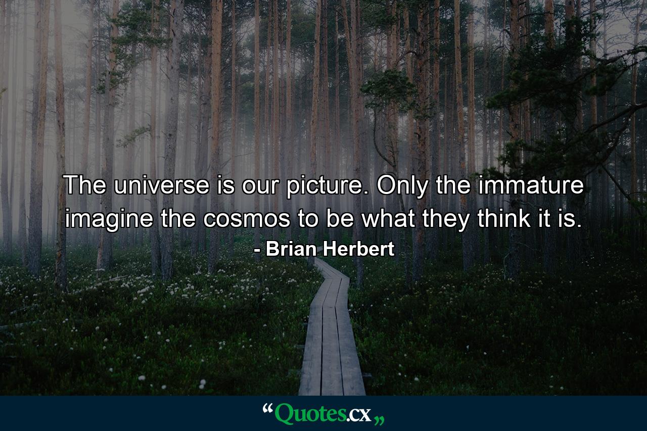 The universe is our picture. Only the immature imagine the cosmos to be what they think it is. - Quote by Brian Herbert