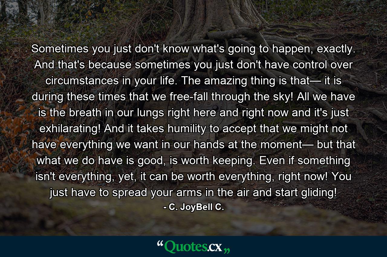 Sometimes you just don't know what's going to happen, exactly. And that's because sometimes you just don't have control over circumstances in your life. The amazing thing is that— it is during these times that we free-fall through the sky! All we have is the breath in our lungs right here and right now and it's just exhilarating! And it takes humility to accept that we might not have everything we want in our hands at the moment— but that what we do have is good, is worth keeping. Even if something isn't everything, yet, it can be worth everything, right now! You just have to spread your arms in the air and start gliding! - Quote by C. JoyBell C.