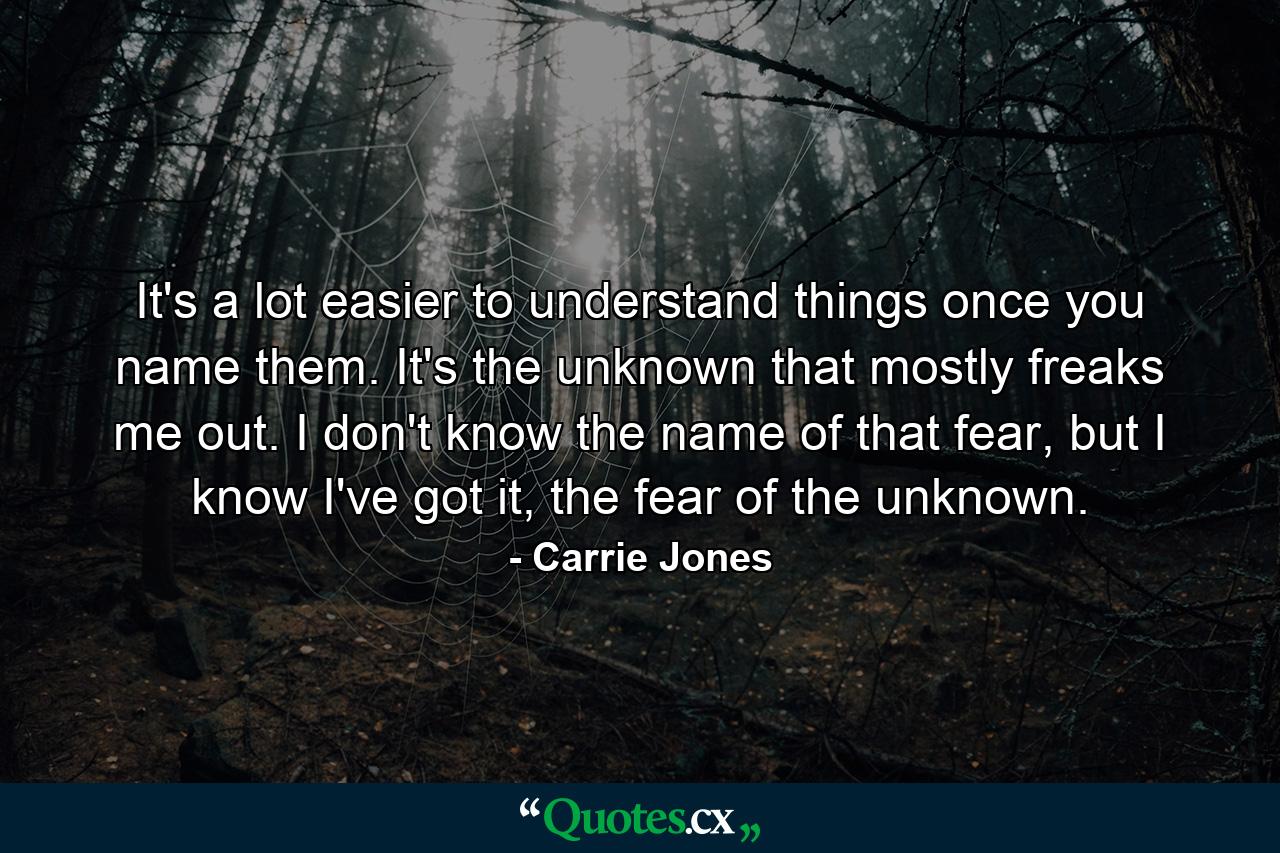 It's a lot easier to understand things once you name them. It's the unknown that mostly freaks me out. I don't know the name of that fear, but I know I've got it, the fear of the unknown. - Quote by Carrie Jones