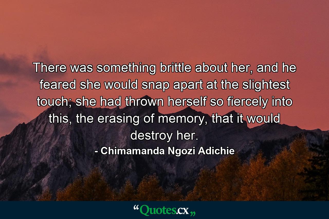 There was something brittle about her, and he feared she would snap apart at the slightest touch; she had thrown herself so fiercely into this, the erasing of memory, that it would destroy her. - Quote by Chimamanda Ngozi Adichie