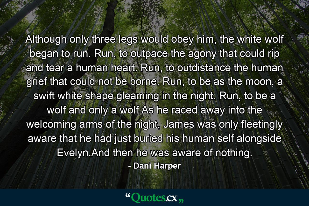 Although only three legs would obey him, the white wolf began to run. Run, to outpace the agony that could rip and tear a human heart. Run, to outdistance the human grief that could not be borne. Run, to be as the moon, a swift white shape gleaming in the night. Run, to be a wolf and only a wolf.As he raced away into the welcoming arms of the night, James was only fleetingly aware that he had just buried his human self alongside Evelyn.And then he was aware of nothing. - Quote by Dani Harper