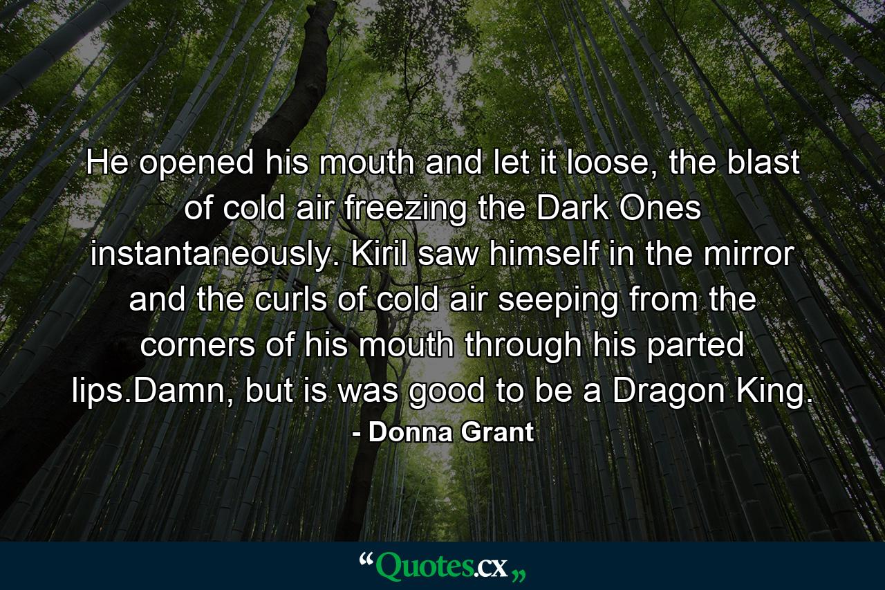 He opened his mouth and let it loose, the blast of cold air freezing the Dark Ones instantaneously. Kiril saw himself in the mirror and the curls of cold air seeping from the corners of his mouth through his parted lips.Damn, but is was good to be a Dragon King. - Quote by Donna Grant