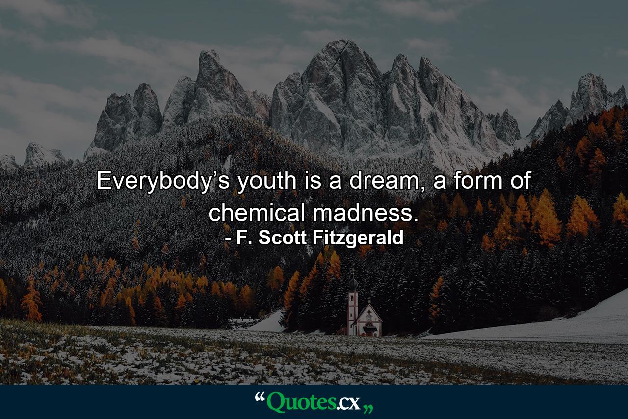 Everybody’s youth is a dream, a form of chemical madness. - Quote by F. Scott Fitzgerald