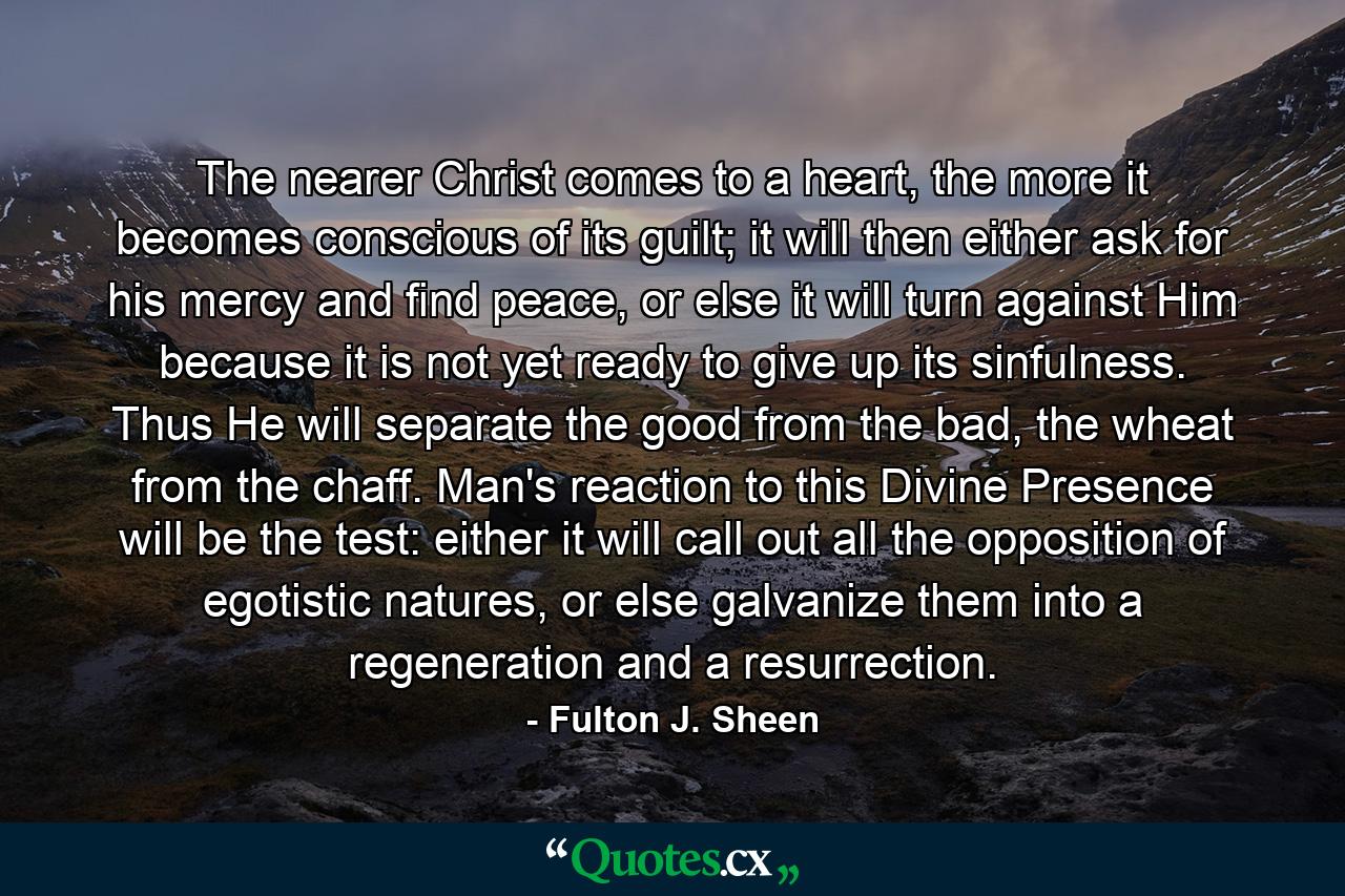 The nearer Christ comes to a heart, the more it becomes conscious of its guilt; it will then either ask for his mercy and find peace, or else it will turn against Him because it is not yet ready to give up its sinfulness. Thus He will separate the good from the bad, the wheat from the chaff. Man's reaction to this Divine Presence will be the test: either it will call out all the opposition of egotistic natures, or else galvanize them into a regeneration and a resurrection. - Quote by Fulton J. Sheen