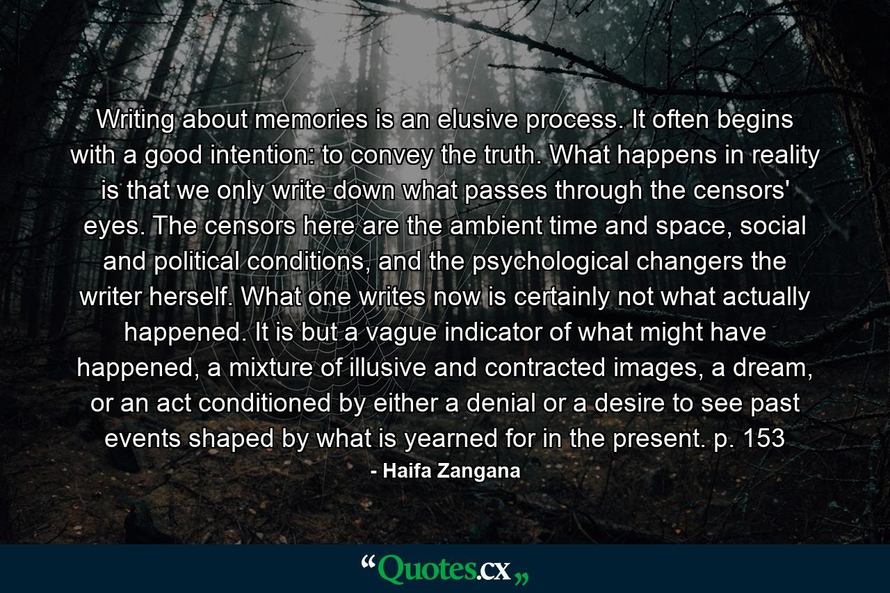 Writing about memories is an elusive process. It often begins with a good intention: to convey the truth. What happens in reality is that we only write down what passes through the censors' eyes. The censors here are the ambient time and space, social and political conditions, and the psychological changers the writer herself. What one writes now is certainly not what actually happened. It is but a vague indicator of what might have happened, a mixture of illusive and contracted images, a dream, or an act conditioned by either a denial or a desire to see past events shaped by what is yearned for in the present. p. 153 - Quote by Haifa Zangana