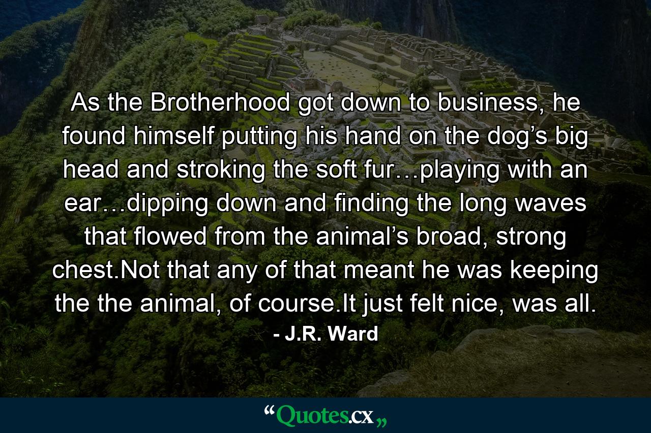 As the Brotherhood got down to business, he found himself putting his hand on the dog’s big head and stroking the soft fur…playing with an ear…dipping down and ﬁnding the long waves that ﬂowed from the animal’s broad, strong chest.Not that any of that meant he was keeping the the animal, of course.It just felt nice, was all. - Quote by J.R. Ward