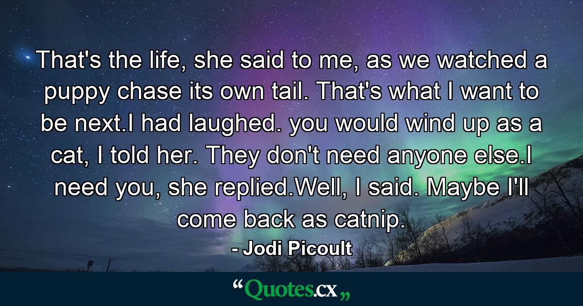 That's the life, she said to me, as we watched a puppy chase its own tail. That's what I want to be next.I had laughed. you would wind up as a cat, I told her. They don't need anyone else.I need you, she replied.Well, I said. Maybe I'll come back as catnip. - Quote by Jodi Picoult