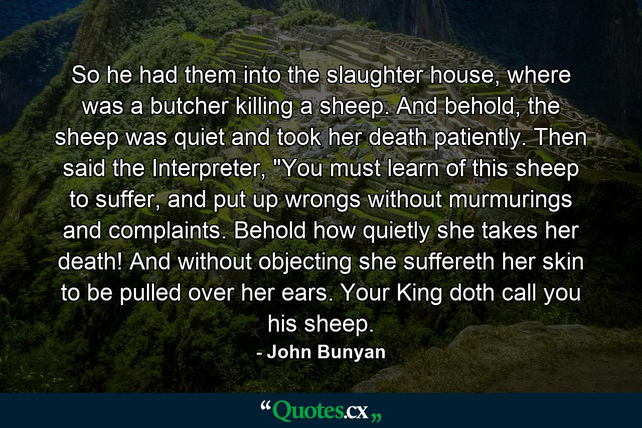 So he had them into the slaughter house, where was a butcher killing a sheep. And behold, the sheep was quiet and took her death patiently. Then said the Interpreter, 