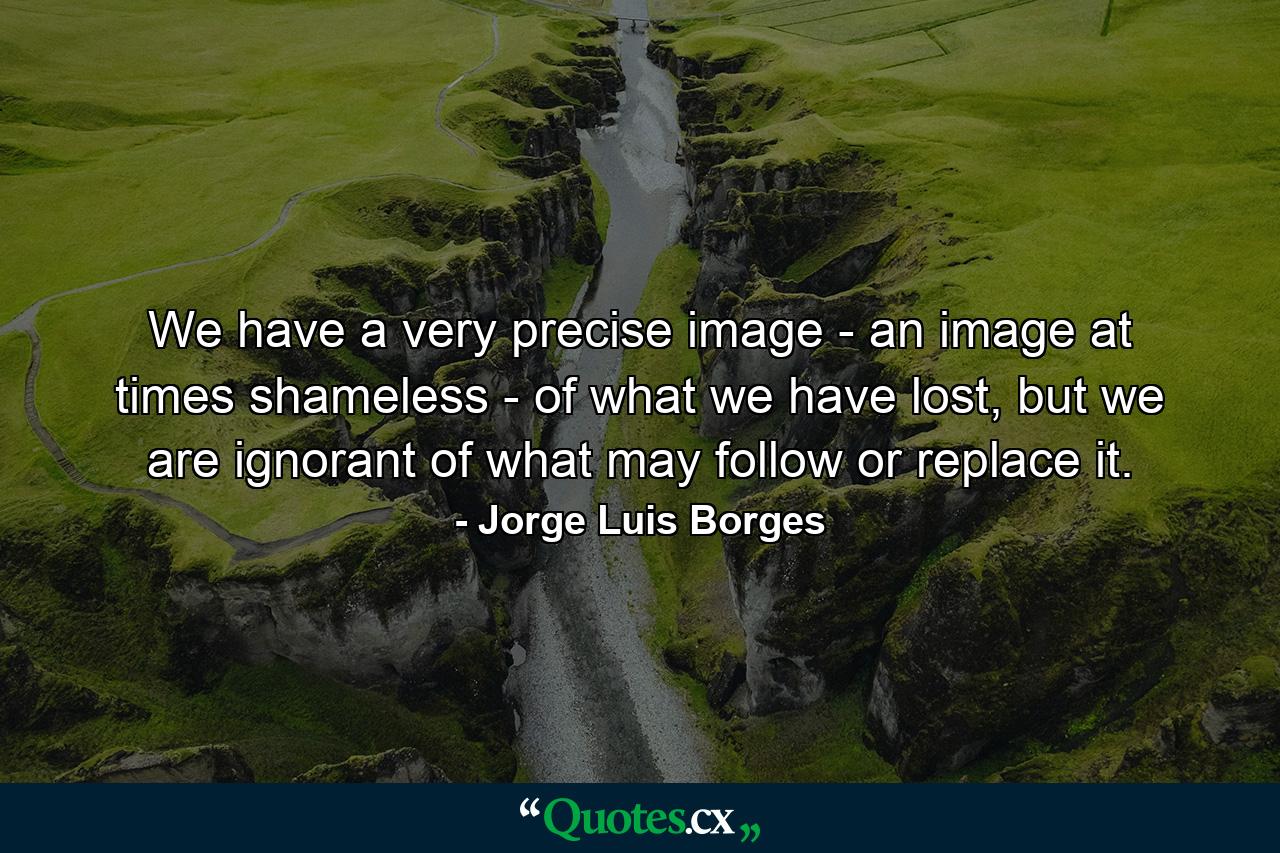 We have a very precise image - an image at times shameless - of what we have lost, but we are ignorant of what may follow or replace it. - Quote by Jorge Luis Borges