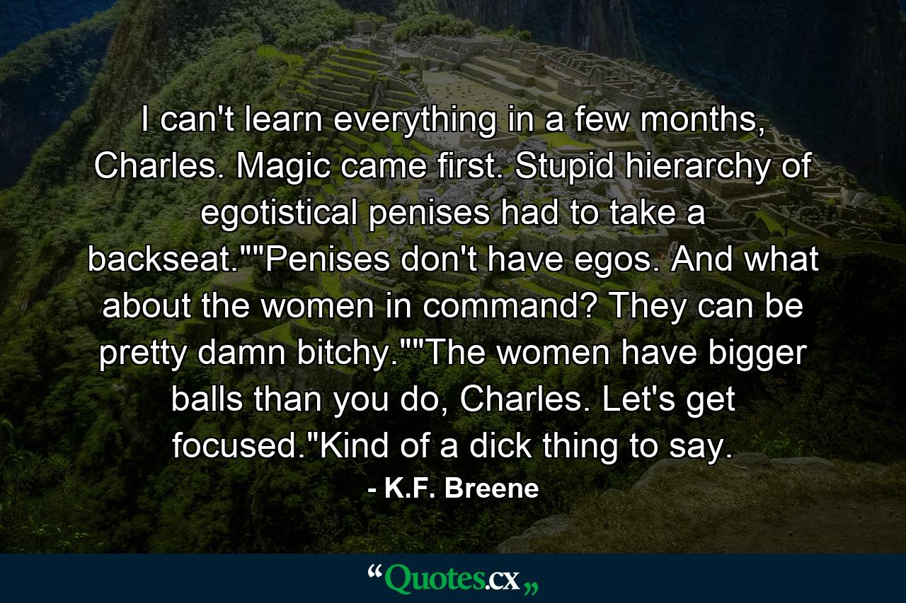 I can't learn everything in a few months, Charles. Magic came first. Stupid hierarchy of egotistical penises had to take a backseat.