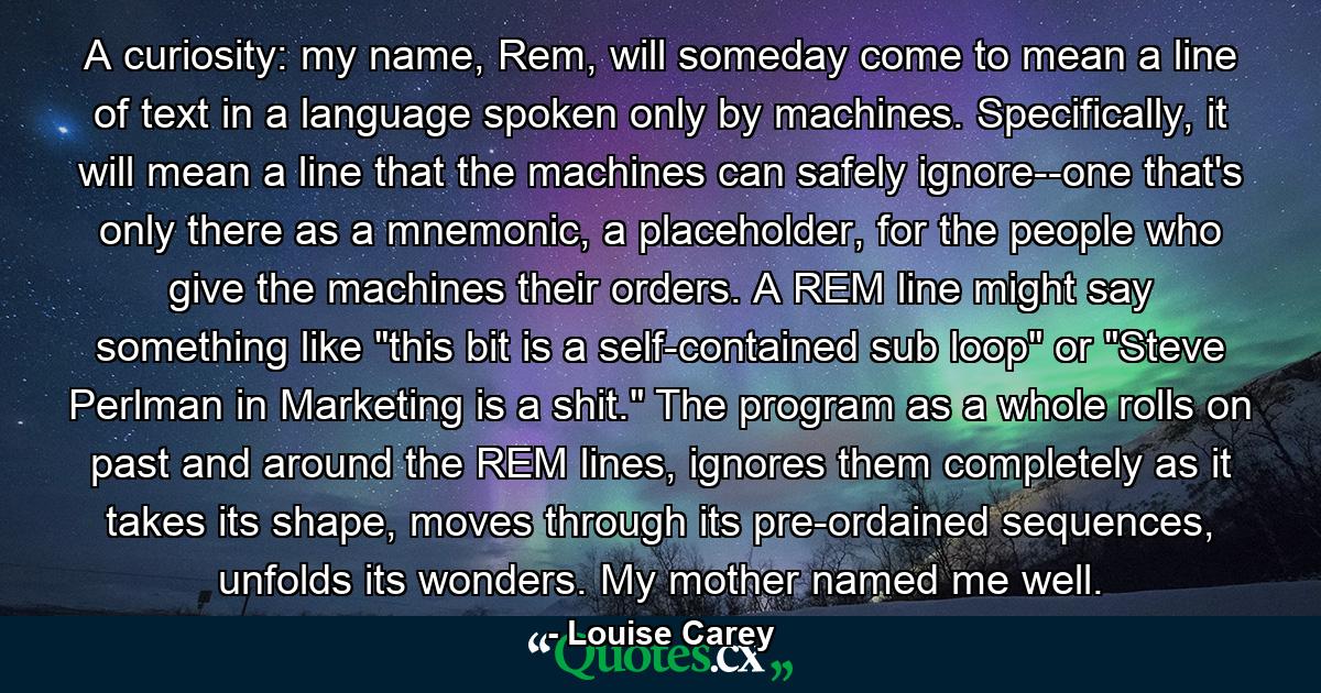 A curiosity: my name, Rem, will someday come to mean a line of text in a language spoken only by machines. Specifically, it will mean a line that the machines can safely ignore--one that's only there as a mnemonic, a placeholder, for the people who give the machines their orders. A REM line might say something like 