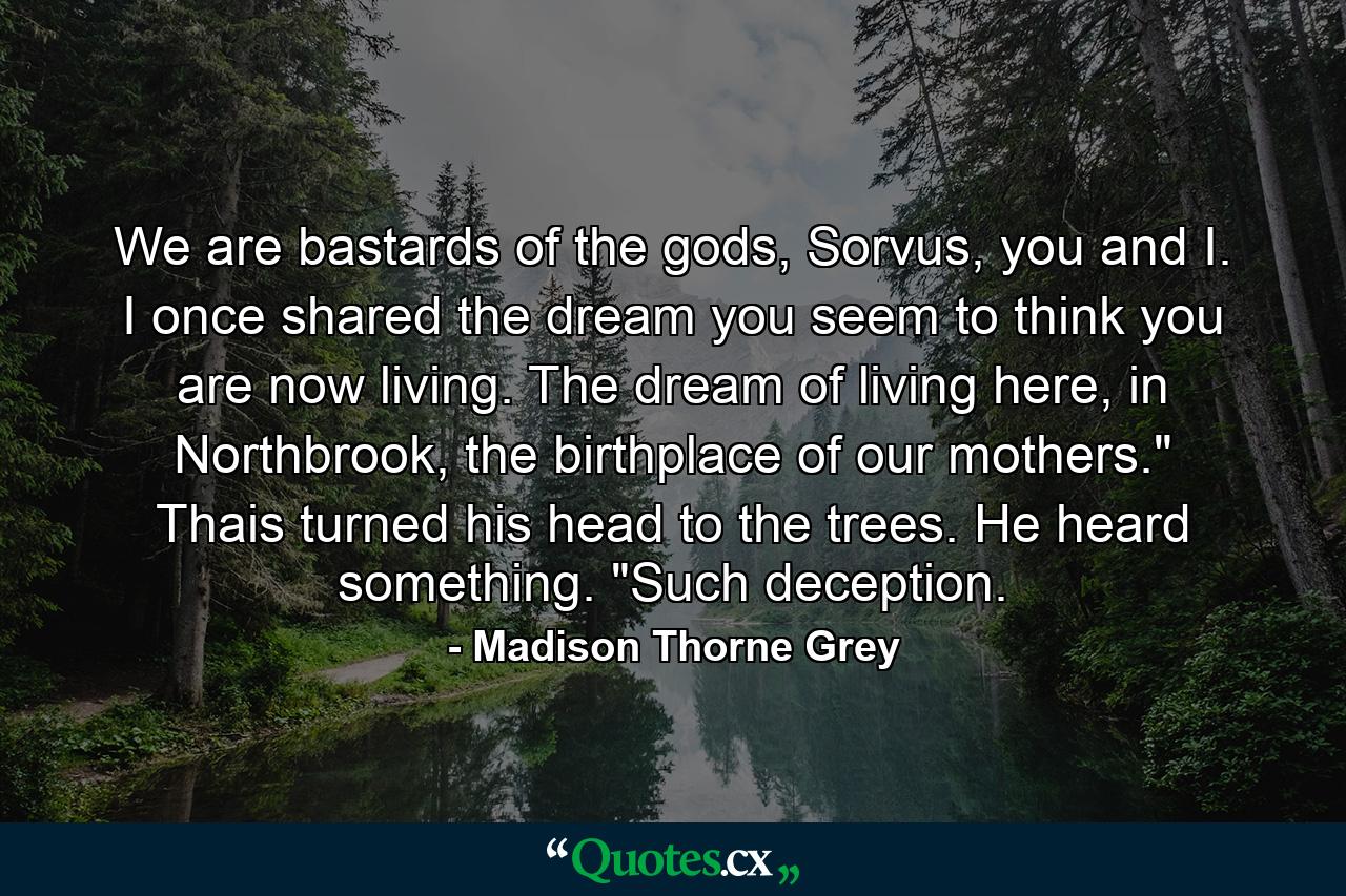 We are bastards of the gods, Sorvus, you and I. I once shared the dream you seem to think you are now living. The dream of living here, in Northbrook, the birthplace of our mothers.