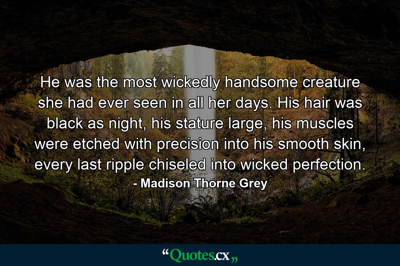 He was the most wickedly handsome creature she had ever seen in all her days. His hair was black as night, his stature large, his muscles were etched with precision into his smooth skin, every last ripple chiseled into wicked perfection. - Quote by Madison Thorne Grey