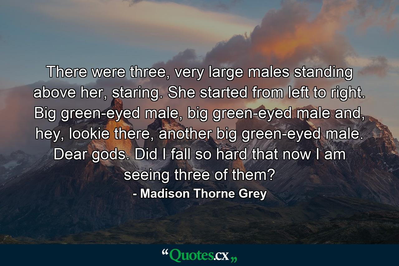 There were three, very large males standing above her, staring. She started from left to right. Big green-eyed male, big green-eyed male and, hey, lookie there, another big green-eyed male. Dear gods. Did I fall so hard that now I am seeing three of them? - Quote by Madison Thorne Grey