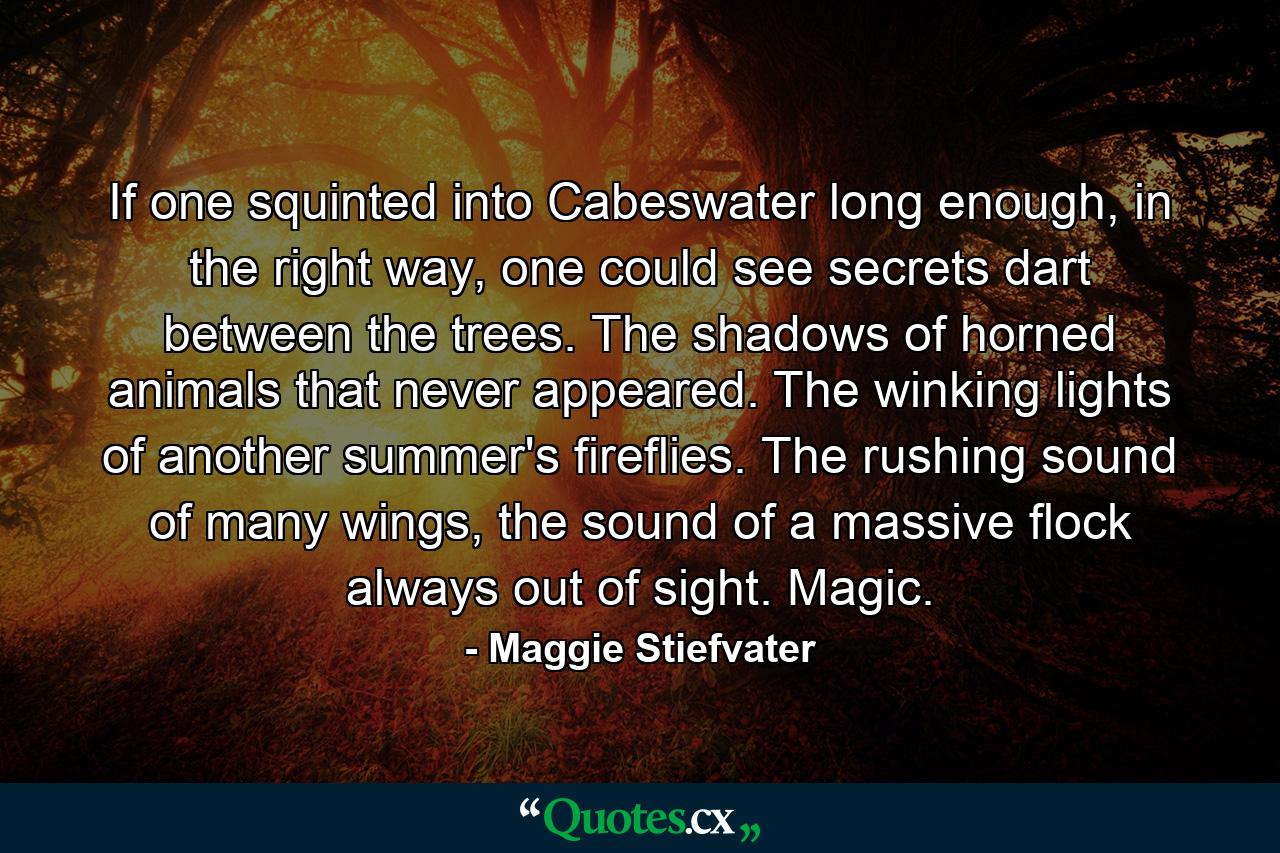 If one squinted into Cabeswater long enough, in the right way, one could see secrets dart between the trees. The shadows of horned animals that never appeared. The winking lights of another summer's fireflies. The rushing sound of many wings, the sound of a massive flock always out of sight. Magic. - Quote by Maggie Stiefvater