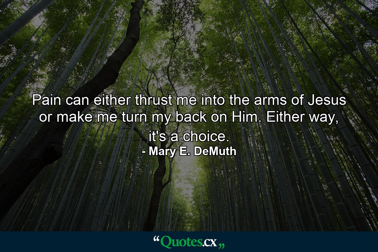 Pain can either thrust me into the arms of Jesus or make me turn my back on Him. Either way, it's a choice. - Quote by Mary E. DeMuth