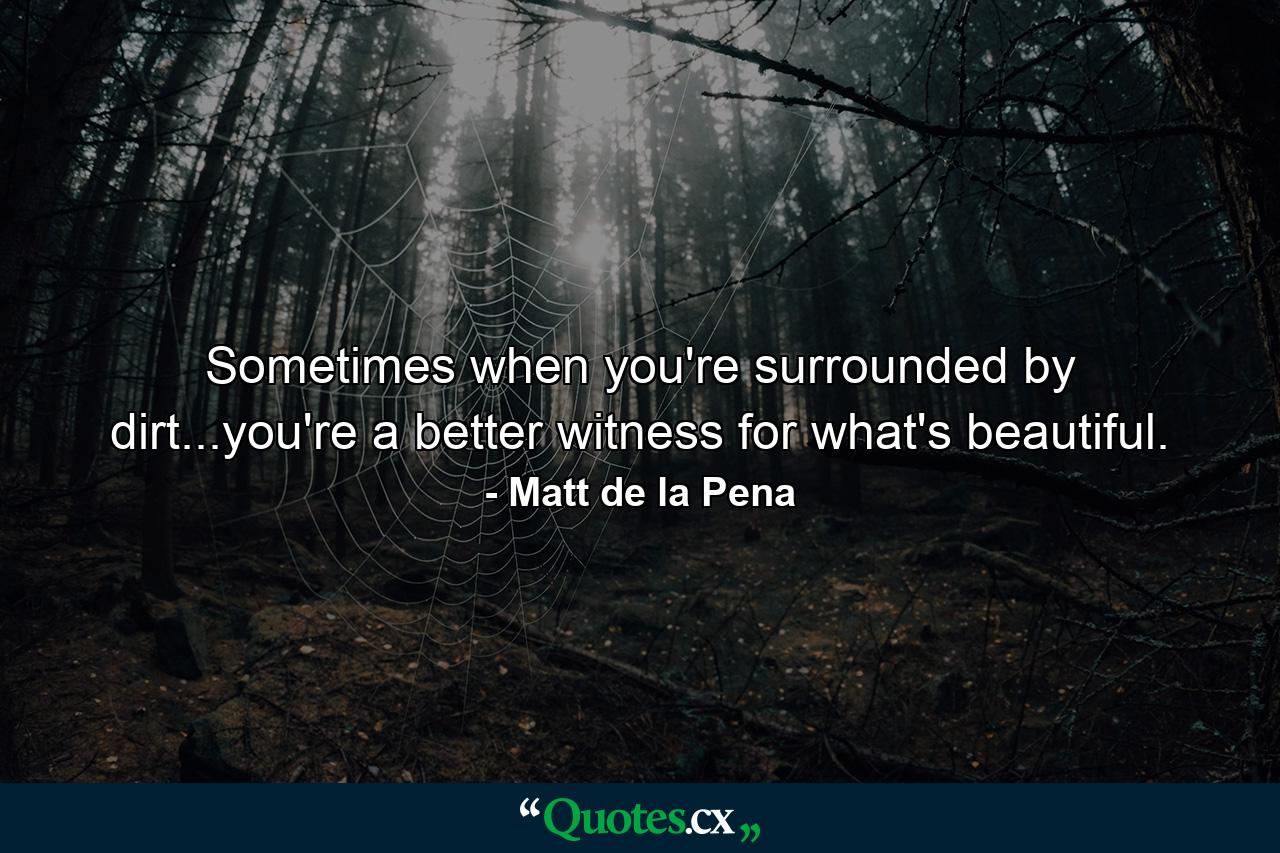 Sometimes when you're surrounded by dirt...you're a better witness for what's beautiful. - Quote by Matt de la Pena