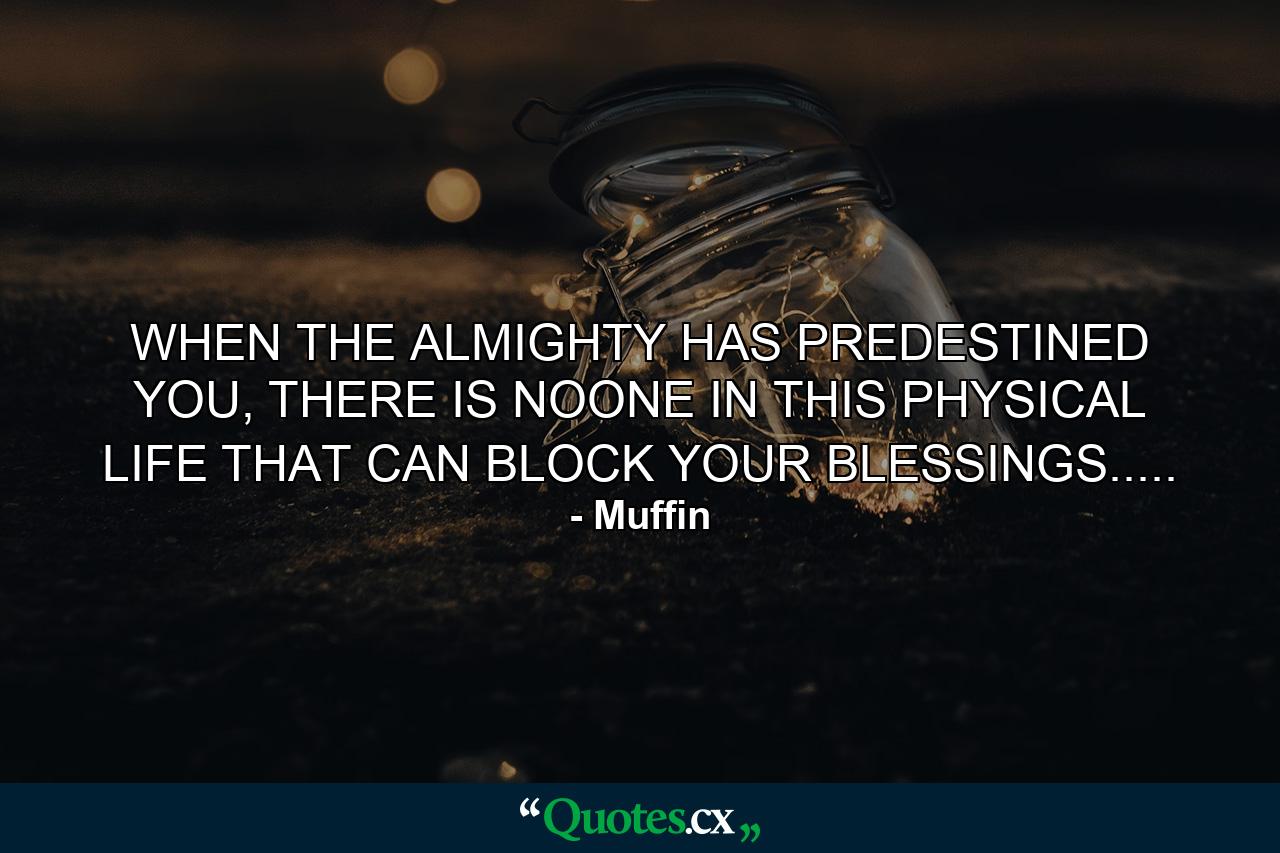 WHEN THE ALMIGHTY HAS PREDESTINED YOU, THERE IS NOONE IN THIS PHYSICAL LIFE THAT CAN BLOCK YOUR BLESSINGS..... - Quote by Muffin