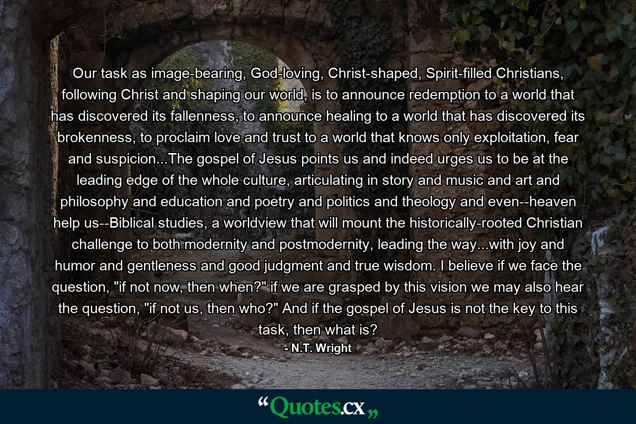 Our task as image-bearing, God-loving, Christ-shaped, Spirit-filled Christians, following Christ and shaping our world, is to announce redemption to a world that has discovered its fallenness, to announce healing to a world that has discovered its brokenness, to proclaim love and trust to a world that knows only exploitation, fear and suspicion...The gospel of Jesus points us and indeed urges us to be at the leading edge of the whole culture, articulating in story and music and art and philosophy and education and poetry and politics and theology and even--heaven help us--Biblical studies, a worldview that will mount the historically-rooted Christian challenge to both modernity and postmodernity, leading the way...with joy and humor and gentleness and good judgment and true wisdom. I believe if we face the question, 