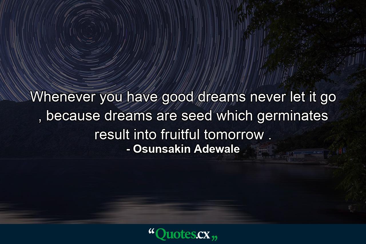 Whenever you have good dreams never let it go , because dreams are seed which germinates result into fruitful tomorrow . - Quote by Osunsakin Adewale