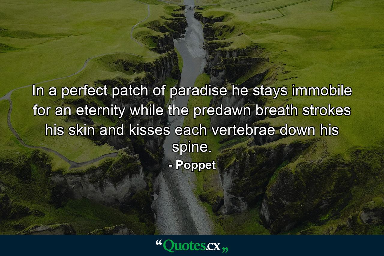 In a perfect patch of paradise he stays immobile for an eternity while the predawn breath strokes his skin and kisses each vertebrae down his spine. - Quote by Poppet