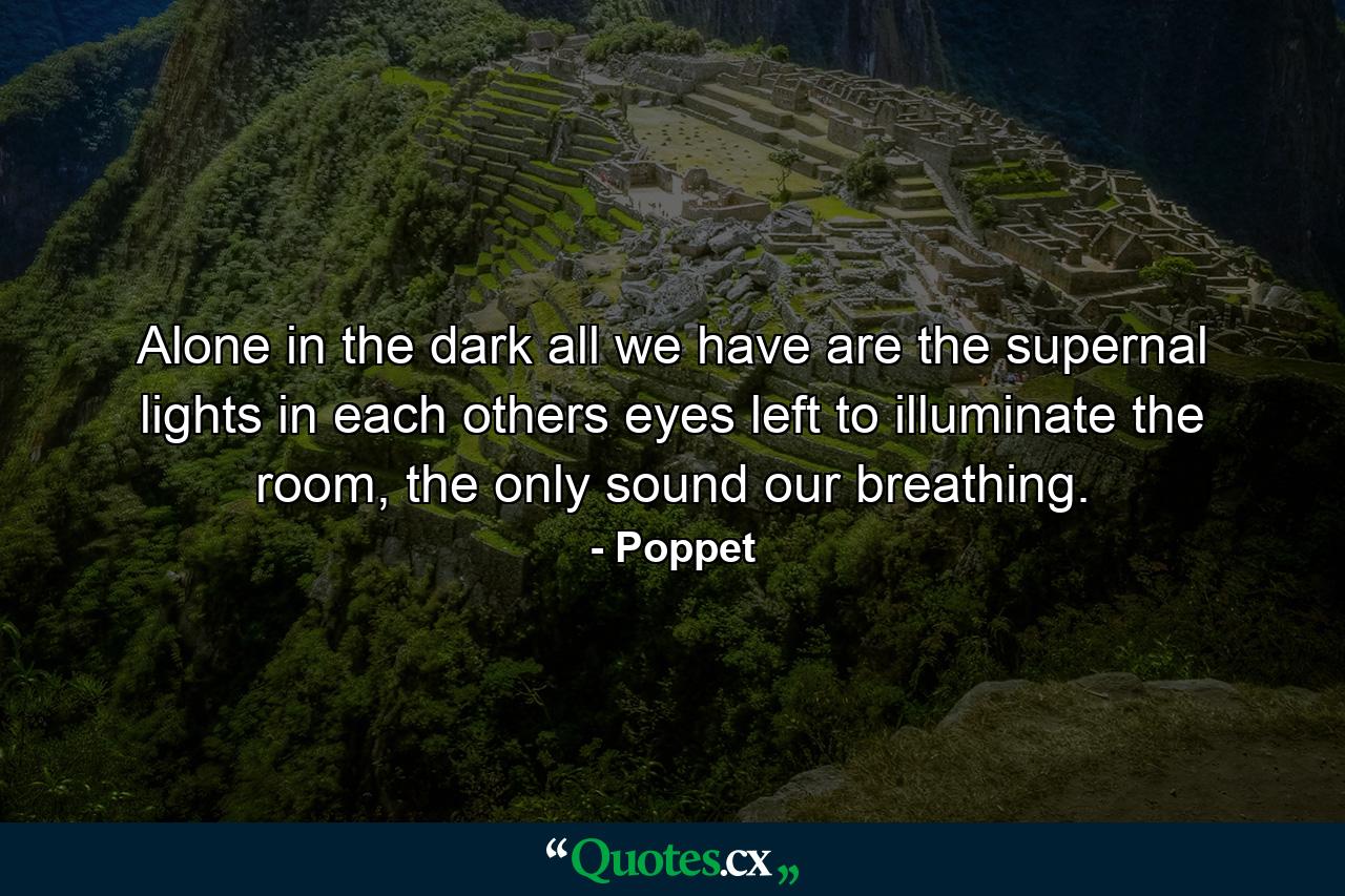 Alone in the dark all we have are the supernal lights in each others eyes left to illuminate the room, the only sound our breathing. - Quote by Poppet