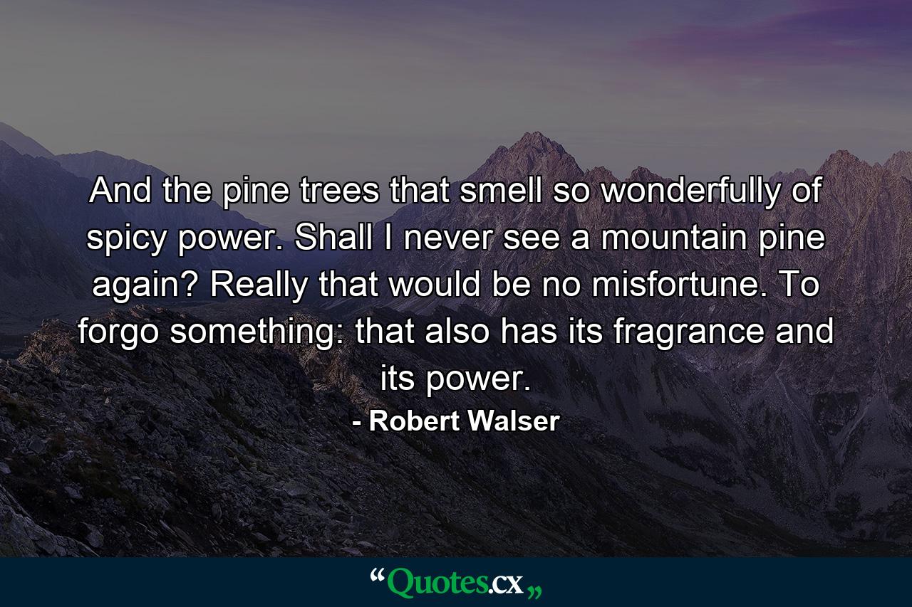 And the pine trees that smell so wonderfully of spicy power. Shall I never see a mountain pine again? Really that would be no misfortune. To forgo something: that also has its fragrance and its power. - Quote by Robert Walser