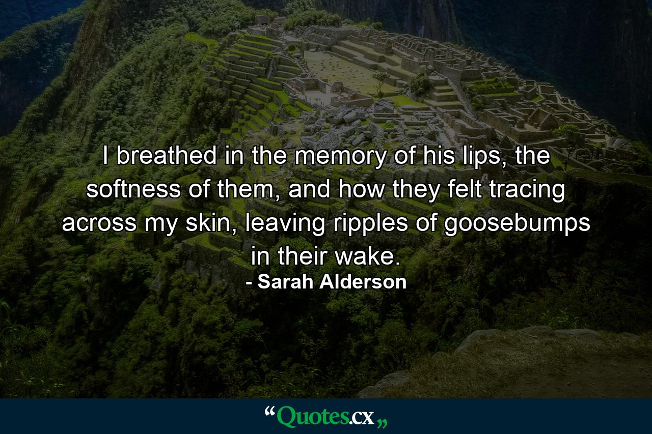 I breathed in the memory of his lips, the softness of them, and how they felt tracing across my skin, leaving ripples of goosebumps in their wake. - Quote by Sarah Alderson