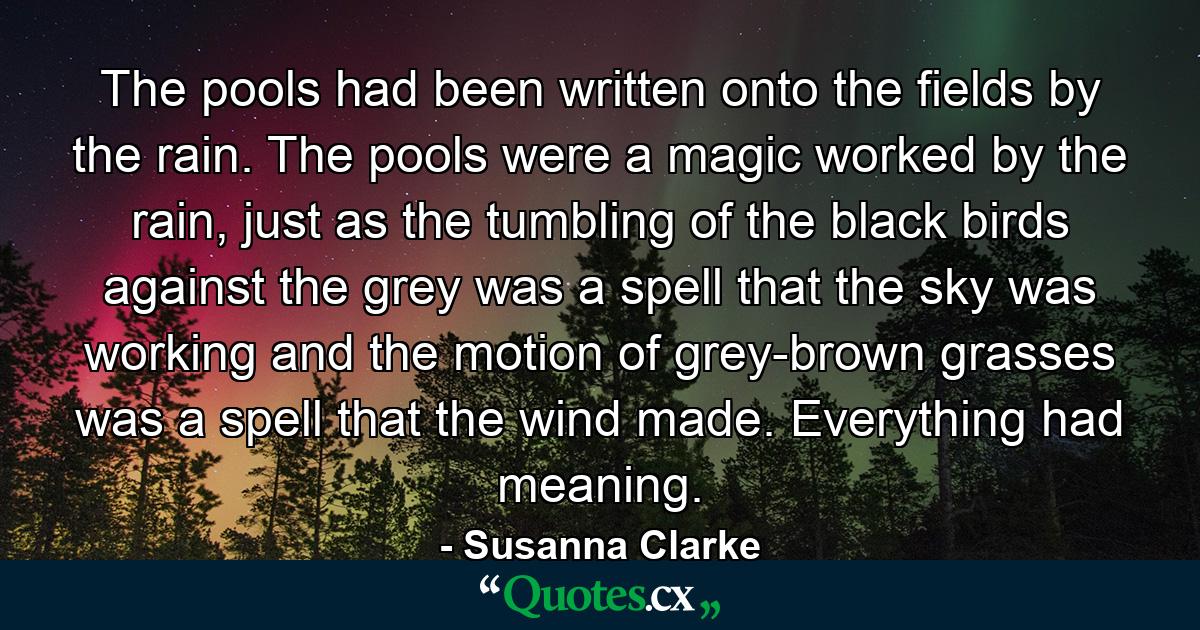 The pools had been written onto the fields by the rain. The pools were a magic worked by the rain, just as the tumbling of the black birds against the grey was a spell that the sky was working and the motion of grey-brown grasses was a spell that the wind made. Everything had meaning. - Quote by Susanna Clarke