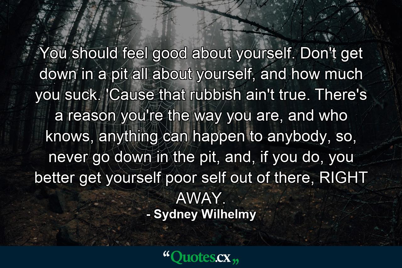 You should feel good about yourself. Don't get down in a pit all about yourself, and how much you suck. 'Cause that rubbish ain't true. There's a reason you're the way you are, and who knows, anything can happen to anybody, so, never go down in the pit, and, if you do, you better get yourself poor self out of there, RIGHT AWAY. - Quote by Sydney Wilhelmy