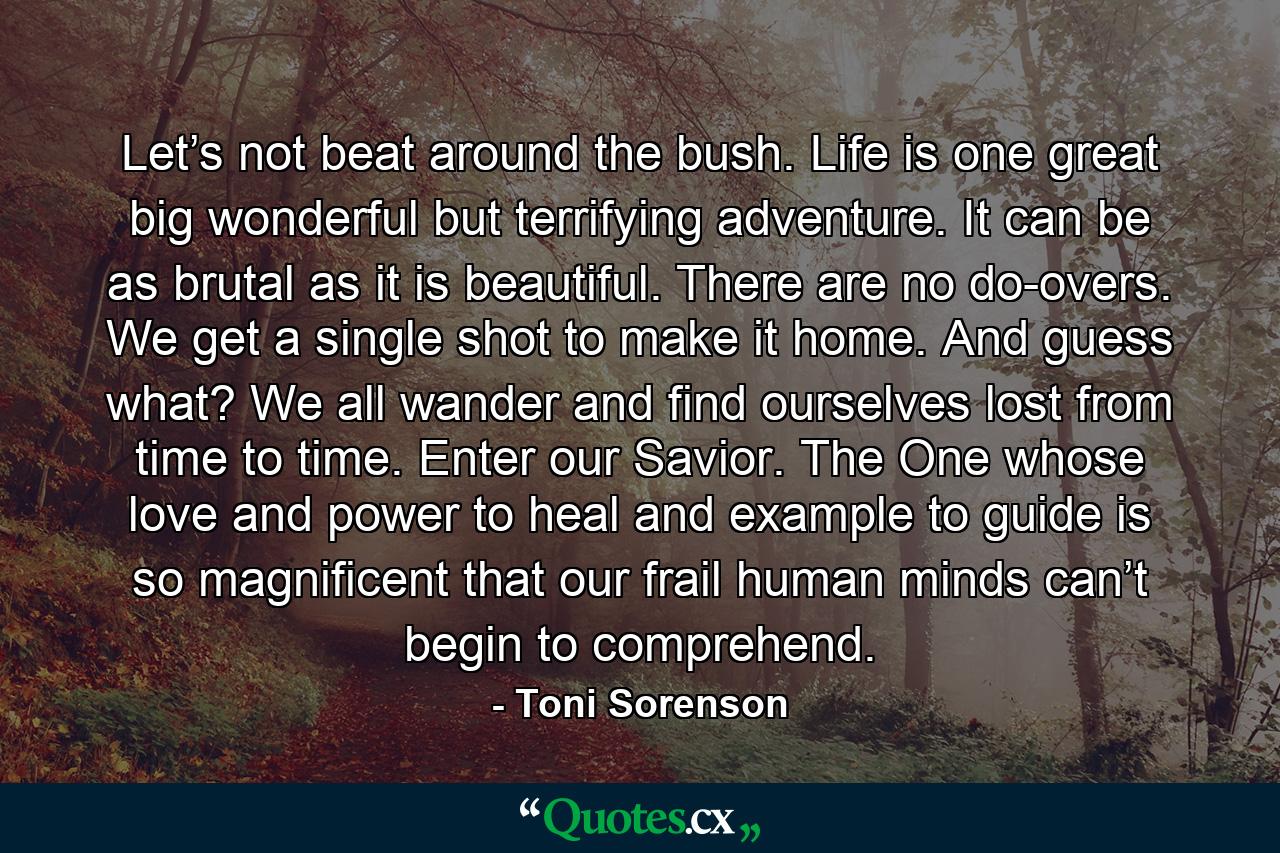 Let’s not beat around the bush. Life is one great big wonderful but terrifying adventure. It can be as brutal as it is beautiful. There are no do-overs. We get a single shot to make it home. And guess what? We all wander and find ourselves lost from time to time. Enter our Savior. The One whose love and power to heal and example to guide is so magnificent that our frail human minds can’t begin to comprehend. - Quote by Toni Sorenson