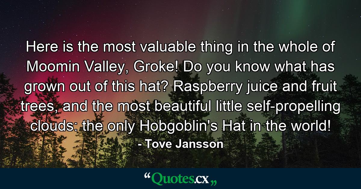 Here is the most valuable thing in the whole of Moomin Valley, Groke! Do you know what has grown out of this hat? Raspberry juice and fruit trees, and the most beautiful little self-propelling clouds: the only Hobgoblin's Hat in the world! - Quote by Tove Jansson