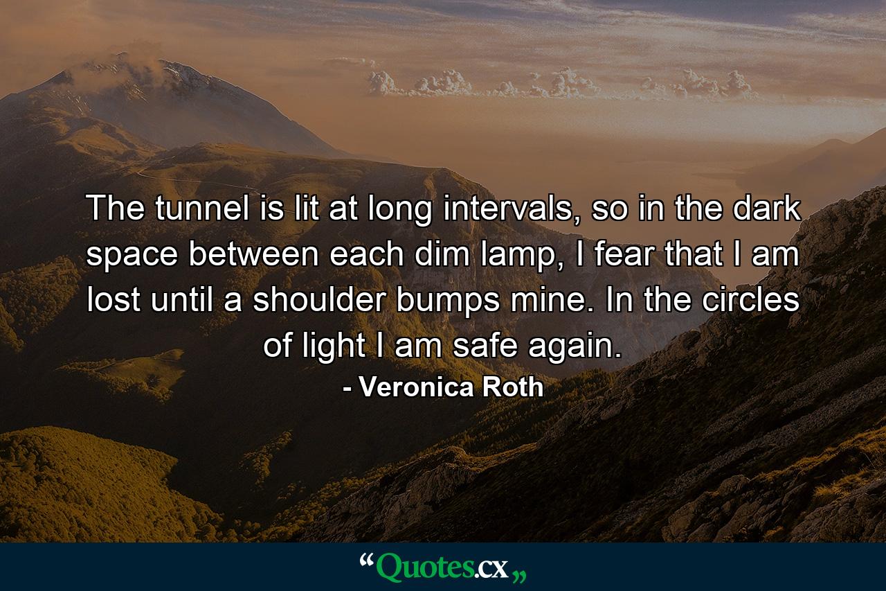 The tunnel is lit at long intervals, so in the dark space between each dim lamp, I fear that I am lost until a shoulder bumps mine. In the circles of light I am safe again. - Quote by Veronica Roth