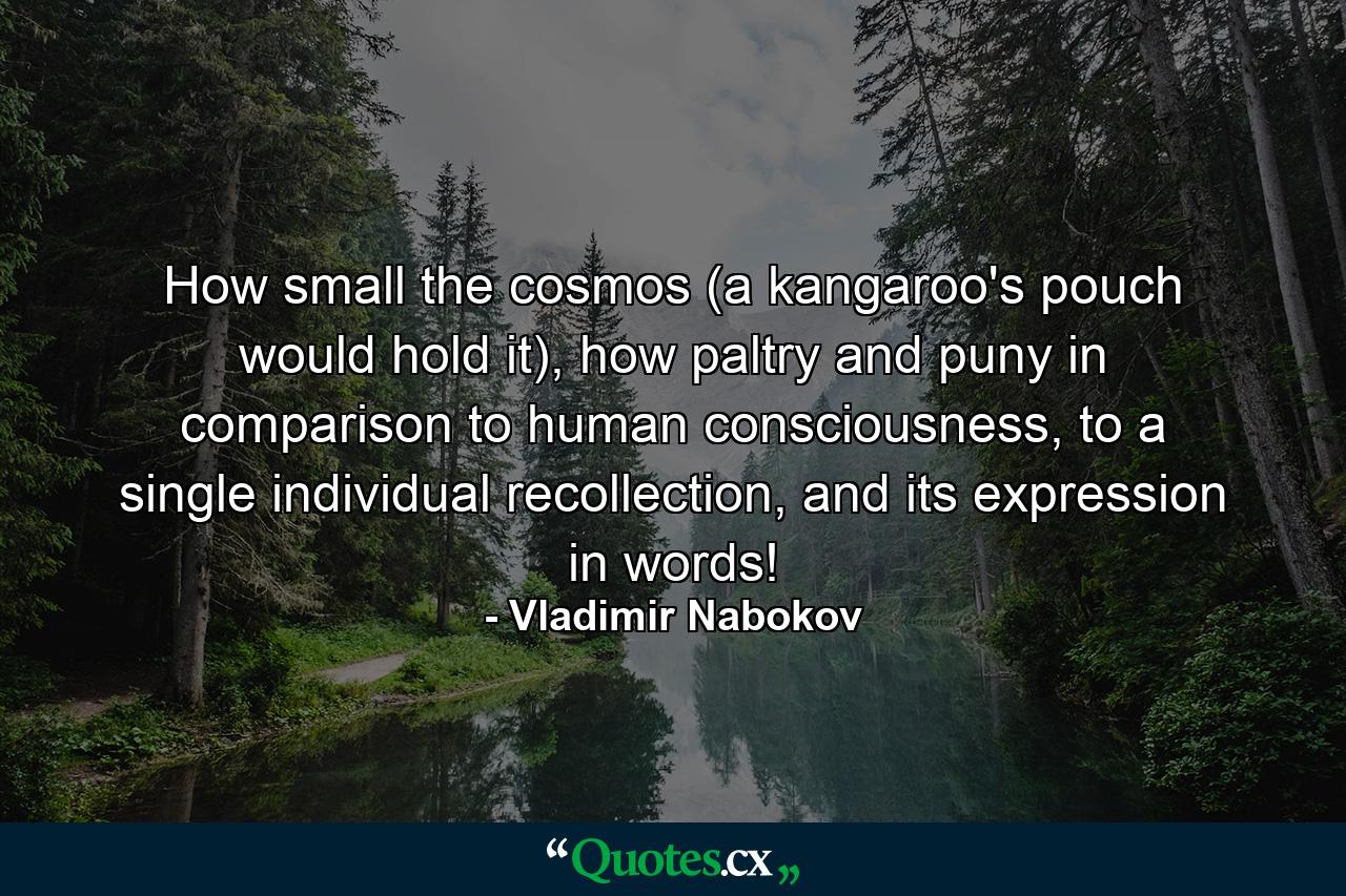 How small the cosmos (a kangaroo's pouch would hold it), how paltry and puny in comparison to human consciousness, to a single individual recollection, and its expression in words! - Quote by Vladimir Nabokov