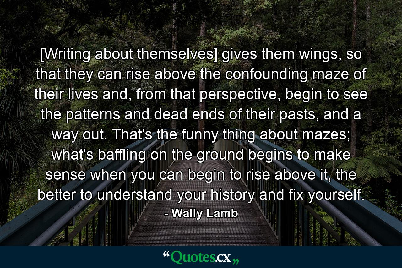 [Writing about themselves] gives them wings, so that they can rise above the confounding maze of their lives and, from that perspective, begin to see the patterns and dead ends of their pasts, and a way out. That's the funny thing about mazes; what's baffling on the ground begins to make sense when you can begin to rise above it, the better to understand your history and fix yourself. - Quote by Wally Lamb