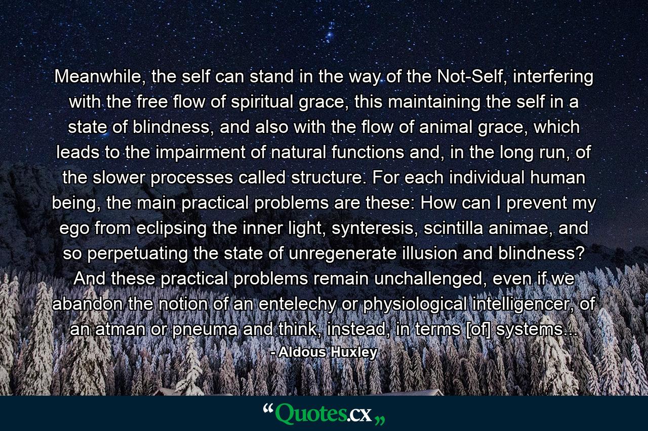 Meanwhile, the self can stand in the way of the Not-Self, interfering with the free flow of spiritual grace, this maintaining the self in a state of blindness, and also with the flow of animal grace, which leads to the impairment of natural functions and, in the long run, of the slower processes called structure. For each individual human being, the main practical problems are these: How can I prevent my ego from eclipsing the inner light, synteresis, scintilla animae, and so perpetuating the state of unregenerate illusion and blindness? And these practical problems remain unchallenged, even if we abandon the notion of an entelechy or physiological intelligencer, of an atman or pneuma and think, instead, in terms [of] systems... - Quote by Aldous Huxley