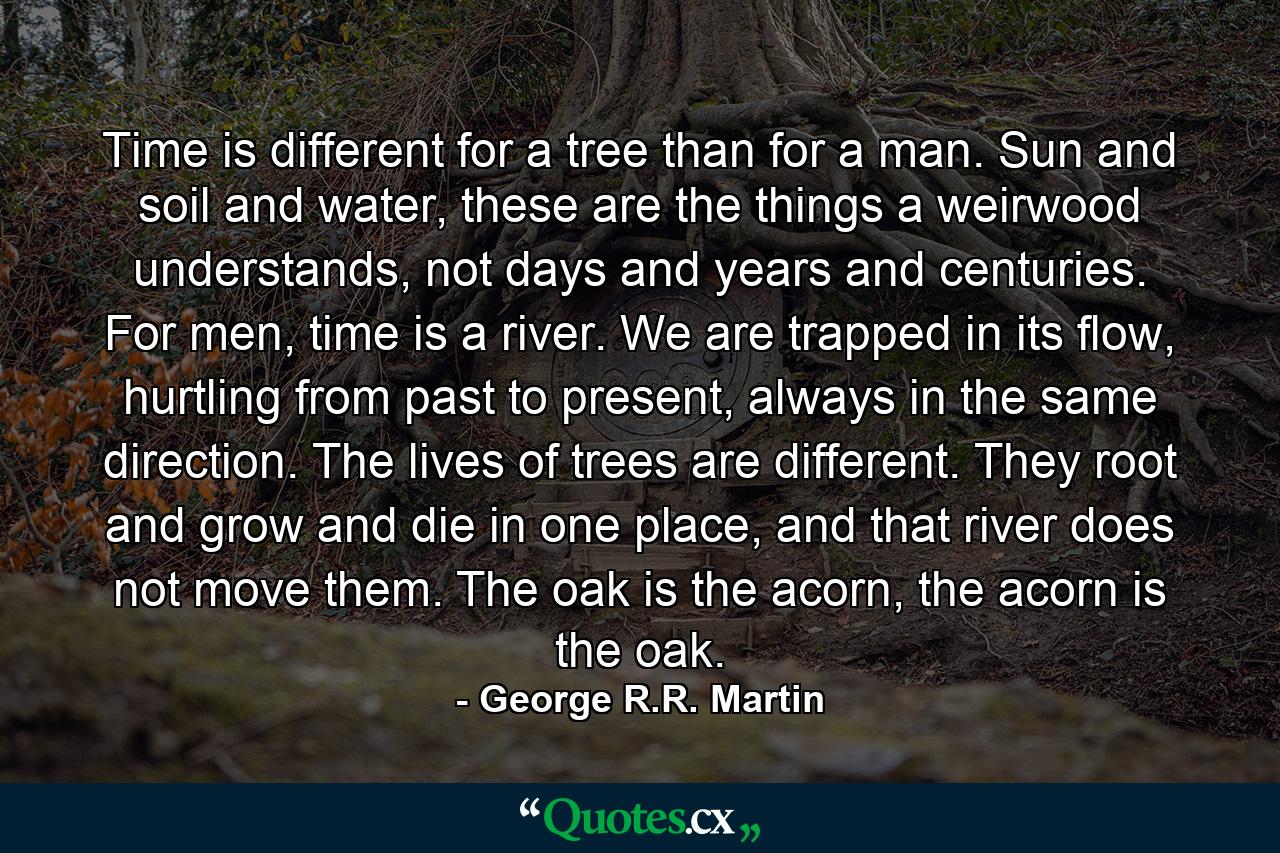 Time is different for a tree than for a man. Sun and soil and water, these are the things a weirwood understands, not days and years and centuries. For men, time is a river. We are trapped in its flow, hurtling from past to present, always in the same direction. The lives of trees are different. They root and grow and die in one place, and that river does not move them. The oak is the acorn, the acorn is the oak. - Quote by George R.R. Martin