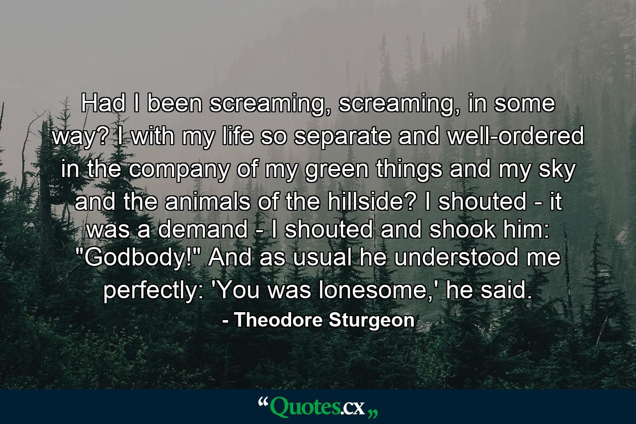 Had I been screaming, screaming, in some way? I with my life so separate and well-ordered in the company of my green things and my sky and the animals of the hillside? I shouted - it was a demand - I shouted and shook him: 