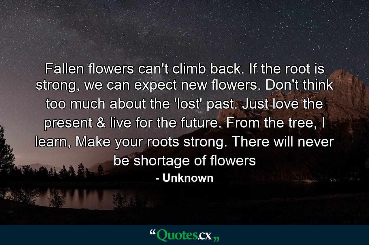 Fallen flowers can't climb back. If the root is strong, we can expect new flowers. Don't think too much about the 'lost' past. Just love the present & live for the future. From the tree, I learn, Make your roots strong. There will never be shortage of flowers - Quote by Unknown