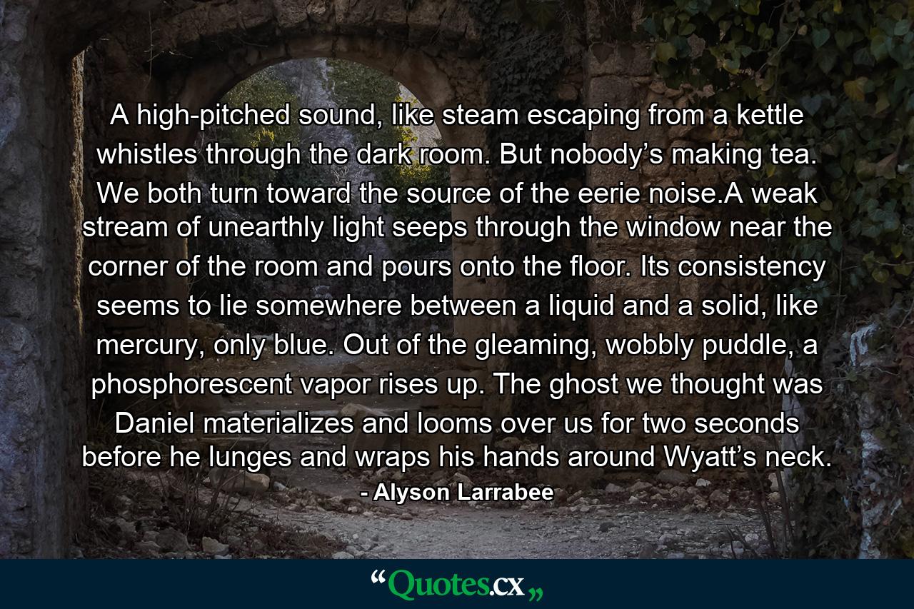 A high-pitched sound, like steam escaping from a kettle whistles through the dark room. But nobody’s making tea. We both turn toward the source of the eerie noise.A weak stream of unearthly light seeps through the window near the corner of the room and pours onto the floor. Its consistency seems to lie somewhere between a liquid and a solid, like mercury, only blue. Out of the gleaming, wobbly puddle, a phosphorescent vapor rises up. The ghost we thought was Daniel materializes and looms over us for two seconds before he lunges and wraps his hands around Wyatt’s neck. - Quote by Alyson Larrabee