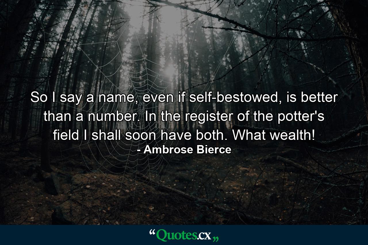 So I say a name, even if self-bestowed, is better than a number. In the register of the potter's field I shall soon have both. What wealth! - Quote by Ambrose Bierce