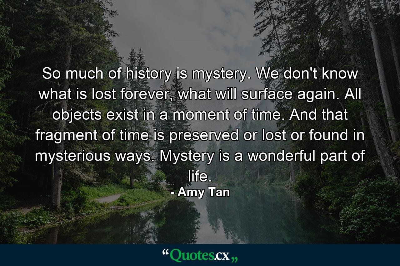 So much of history is mystery. We don't know what is lost forever, what will surface again. All objects exist in a moment of time. And that fragment of time is preserved or lost or found in mysterious ways. Mystery is a wonderful part of life. - Quote by Amy Tan