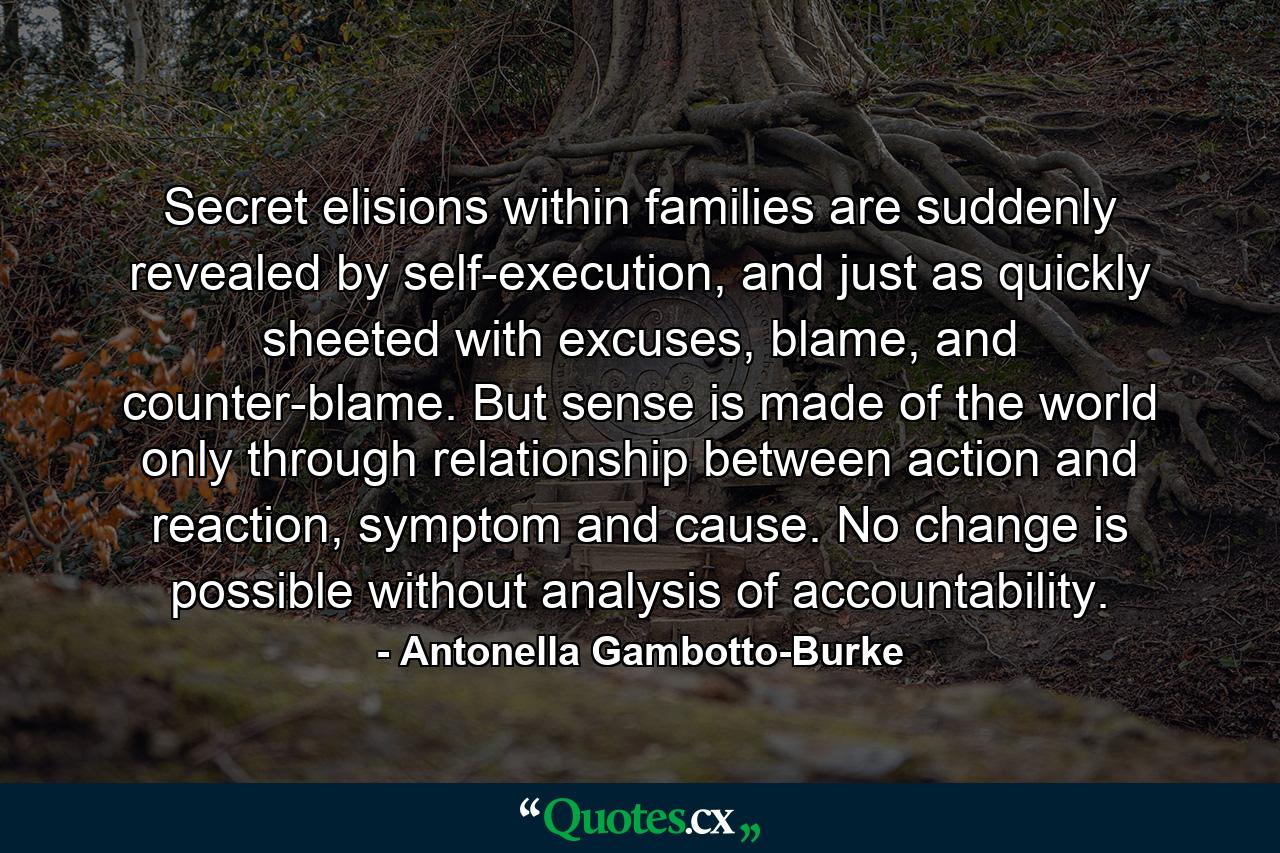 Secret elisions within families are suddenly revealed by self-execution, and just as quickly sheeted with excuses, blame, and counter-blame. But sense is made of the world only through relationship between action and reaction, symptom and cause. No change is possible without analysis of accountability. - Quote by Antonella Gambotto-Burke