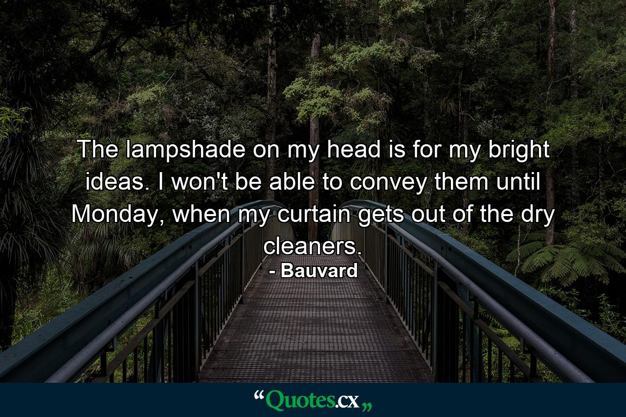 The lampshade on my head is for my bright ideas. I won't be able to convey them until Monday, when my curtain gets out of the dry cleaners. - Quote by Bauvard